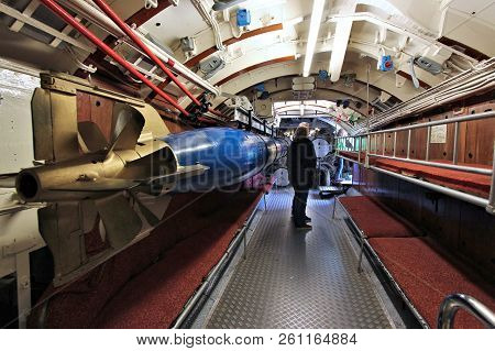 Laboe, Germany - August 30, 2014: People Visit A Historic German Submarine U-995 (museum Ship) In La