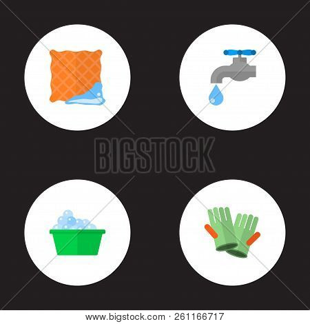 Set Of Cleaning Icons Flat Style Symbols With Washcloth, Clean Cloth, Tap Water And Other Icons For 