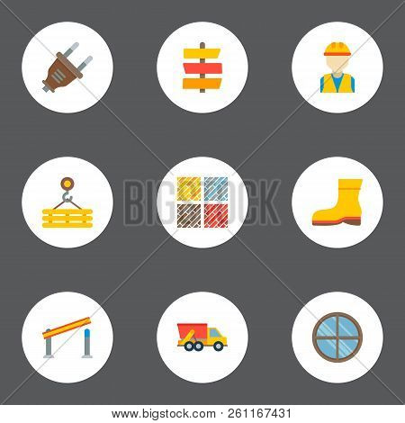 Set Of Industry Icons Flat Style Symbols With Dump Truck, Open Barrier, Builder And Other Icons For 