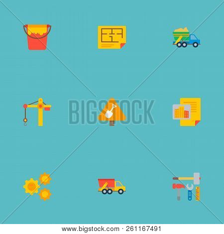 Set Of Construction Icons Flat Style Symbols With Paint Bucket, Floor Plan, Building Project And Oth