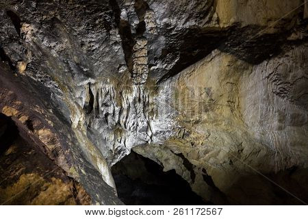 Stalactites And Stalagmites In The Cave.close Up View