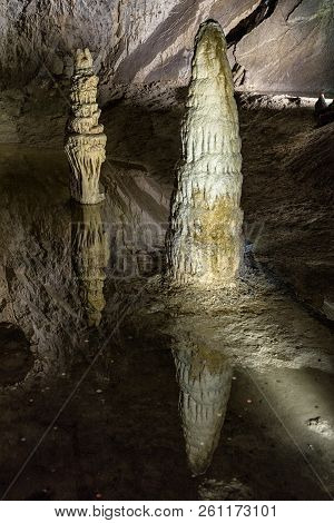 Big Stalagmites And Lake  Inside The Cave