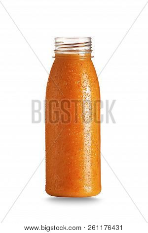 Bottle Of Orange Fruit Health Smoothie Isolated On White. Raw, Vegan, Vegetarian, Alkaline Food Conc