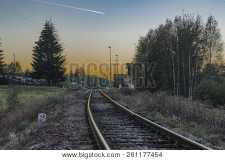 Railroad Track Near Zbytiny Station In Sunset Time In Sumava National Park