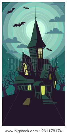 Dark Dilapidated Gothic Building On Full Moon Vector Illustration. Black Bats Flying Around Mystic H