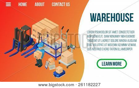 Warehouse Concept Banner. Isometric Banner Of Warehouse Vector Concept For Web, Giftcard And Postcar
