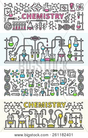 Chemistry Lab Banner Set. Outline Set Of Chemistry Lab Vector Banner For Web Design