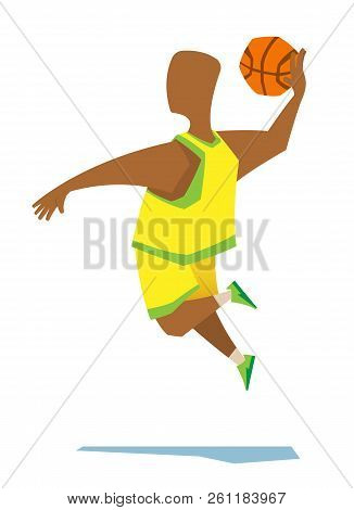Basketball Player Jumps To The Basket With The Ball In His Hands. Vector Illustration Of A Black Pla