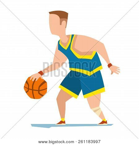Basketball Player With A Ball In His Hand. Vector Illustration Of A Player In Blue Uniform.