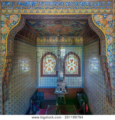 Cairo, Egypt - August 26 2018: Wooden Staircase, Turkish Ceramic Tiles Wall, Ornate Ceiling And Stai