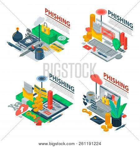 Phishing Banner Set. Isometric Set Of Phishing Vector Banner For Web Design