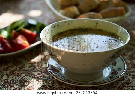 Traditional Azerbaijan Dushbere Soup With Meat Dumplings