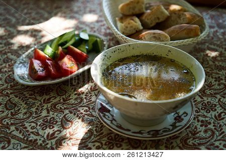Traditional Azerbaijan Dushbere Soup With Meat Dumplings