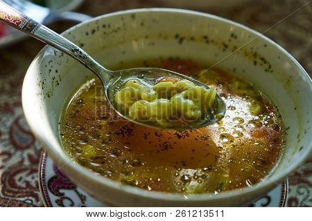 Traditional Azerbaijan Dushbere Soup With Meat Dumplings