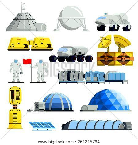 Spacemen With Flag And Equipment For Planet Colonization Set Of Flat Icons Isolated Vector Illustrat