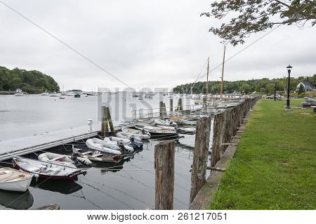 Rockport, Maine, Usa - September 19, 2018: Fleet Of Skiffs Docked At Rockport Marine Park Provide Ac