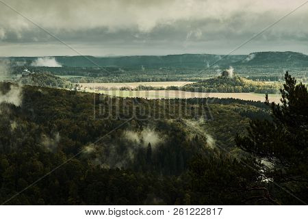 Misty Rainy Morning Landscape With The Sand Rocky Montains In Bohemian Saxon Switzerland In Autumn C