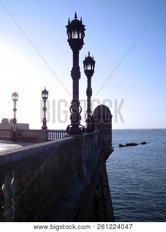 Lampposts Of Light In The Gardens Of Alameda Capital Of Apodaca In Cádiz, Andalusia. Spain Europe.