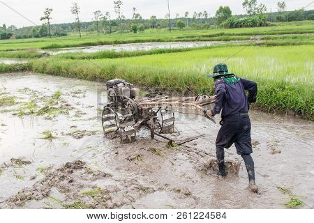 Plows Machine - Farmer Using Walking Tractor Plowing In Rice Field To Prepare The Area To Grow Rice.