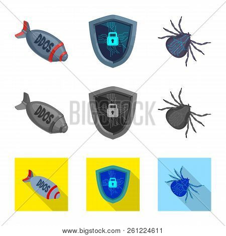 Vector Design Of Virus And Secure Sign. Collection Of Virus And Cyber Stock Symbol For Web.