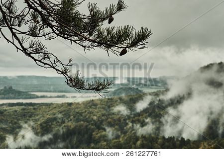Misty Rainy Morning Landscape With The Sand Rocky Montains In Bohemian Saxon Switzerland In Autumn C