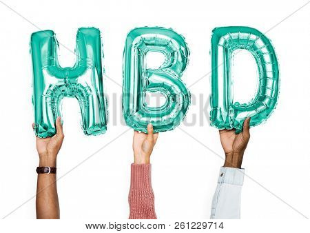 Green alphabet balloons forming the word HBD