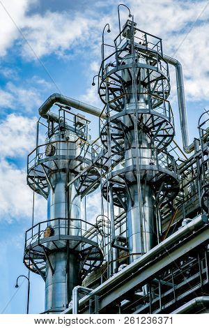 Chemical Factory. Rectification Towers, Close Up View