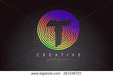 T Letter Logo Design With Colorful Rainbow Circular Shapes. Vigrant Circle Letter Logo Vector Illust