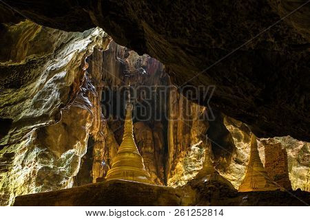 Buddhist pagodas in Yathaypyan Cave near Hpa-An in Myanmar (Burma)