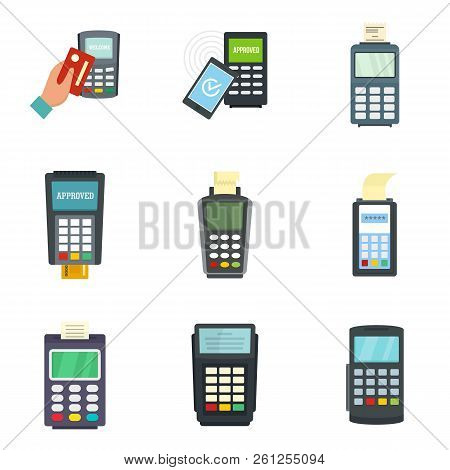 Bank Terminal Card Credit Machine Icons Set. Flat Illustration Of 9 Bank Terminal Card Credit Machin