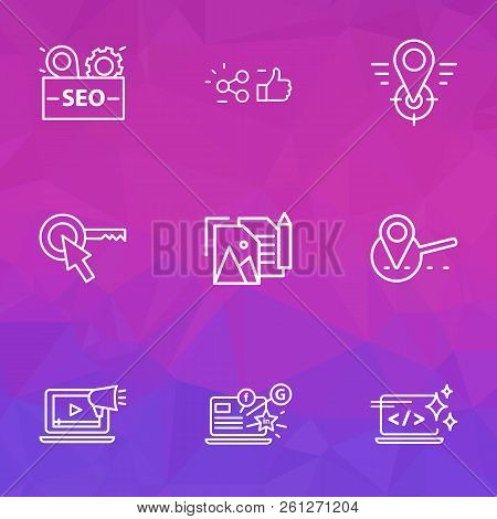 Seo Icons Line Style Set With Likes With Share, Target Keyword, Geo Targeting And Other Application 