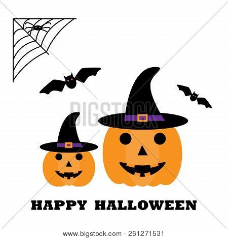 Halloween Set. Vector Illustration. Pumpkins In Hats, Spider On The Web, Bats. Card.
