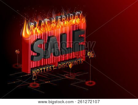 Sale Advertising Inscription With Fire. Black Friday Isometric Banner. Very Hot Concept. Vector Stoc