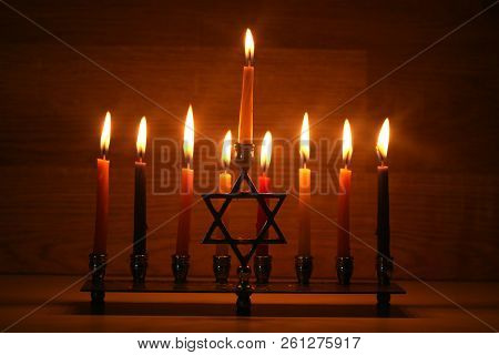Hanukkah Is A Jewish Holiday. Burning Chanukah Candlestick With Candles. Chanukiah Menorah.