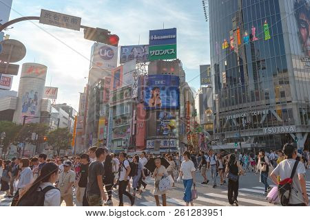 Shibuya, Tokyo, Japan - July 19, 2018: Pedestrians Crosswalk At Shibuya District In Tokyo, Japan. Sh