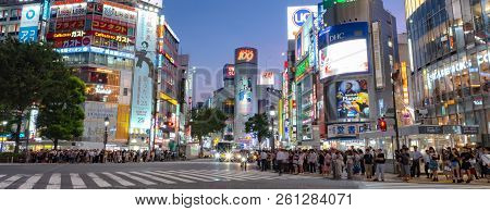 Shibuya, Tokyo, Japan - April 30, 2018: Pedestrians Crosswalk At Shibuya District In Tokyo, Japan. S