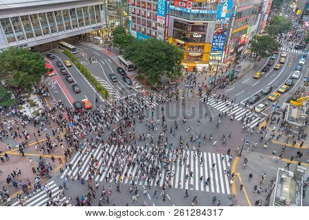 Shibuya, Tokyo, Japan - April 30, 2018: Pedestrians Crosswalk At Shibuya District In Tokyo, Japan. S
