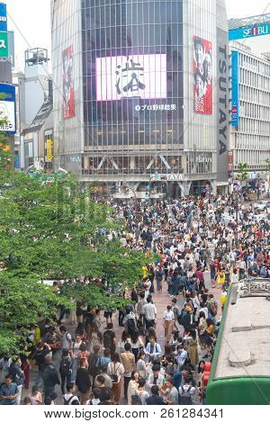 Shibuya, Tokyo, Japan - April 30, 2018: Pedestrians Crosswalk At Shibuya District In Tokyo, Japan. S