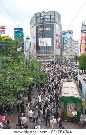 Shibuya, Tokyo, Japan - April 30, 2018: Pedestrians Crosswalk At Shibuya District In Tokyo, Japan. S