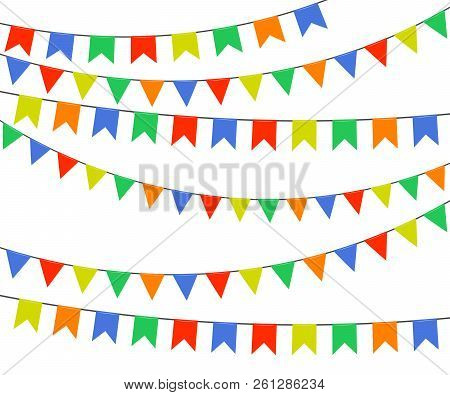 Festive Multicolored Bright Flags, Garlands Of Bunting Isolated On White Background. Vector Illustra