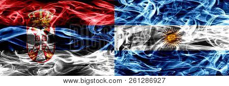 Serbia Vs Argentina, Argentinian Smoke Flags Placed Side By Side. Thick Colored Silky Smoke Flags Of