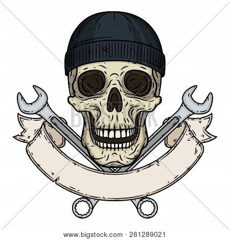 Skull With Tools. Skull With Crossed Wrenches, Bone And Ribbon For Your Text. Vector Skull With Span