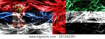 Serbia Vs United Arab Emirates, Emirati Smoke Flags Placed Side By Side. Thick Colored Silky Smoke F