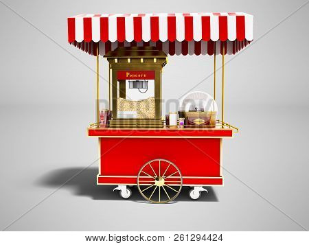 Modern Sale Of Popcorn From A Red Cart 3d Render On Gray Background With Shadow