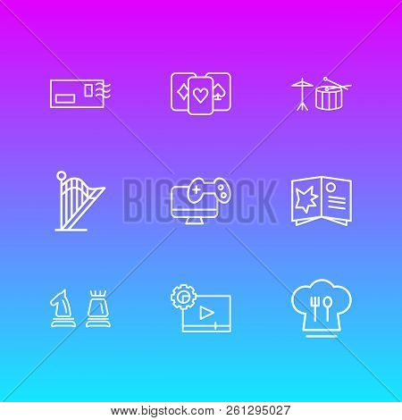 Vector Illustration Of 9 Entertainment Icons Line Style. Editable Set Of Video Maker, Harp, Drums An