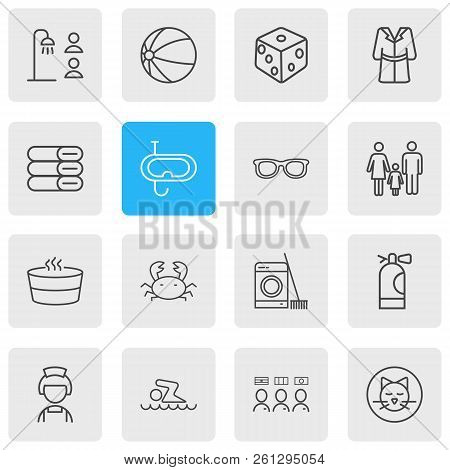 Vector Illustration Of 16 Hotel Icons Line Style. Editable Set Of Laundry, Swimming Man, Shared Bath
