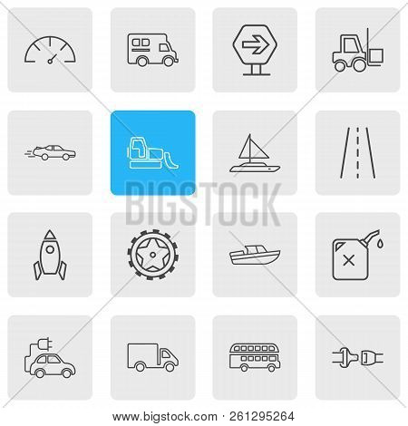 Vector Illustration Of 16 Transportation Icons Line Style. Editable Set Of Road Sign, Bulldozer, Cam