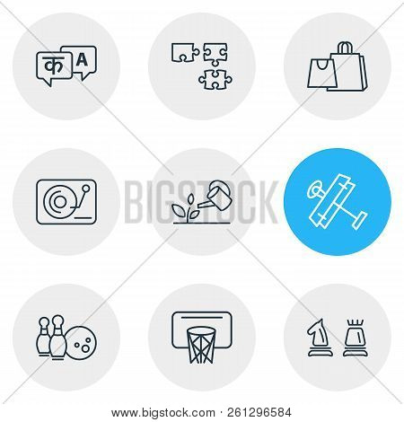 Vector Illustration Of 9 Lifestyle Icons Line Style. Editable Set Of Gardening, Puzzle, Chess And Ot