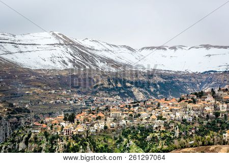 Amazing City In The Valleys Of The Lebanon, Snowcape Mountains, Cloudy Day, Beuatiful Landscape