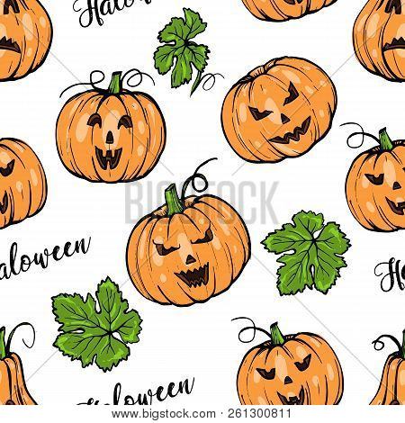 Vector Seamless Pattern, Orange Pumpkin Different Shapes For Halloween With Green Leaves